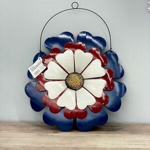 NWT Red Blue White Yellow Metal Patriotic Flower Art Wall Hanging Decor 12”x12”